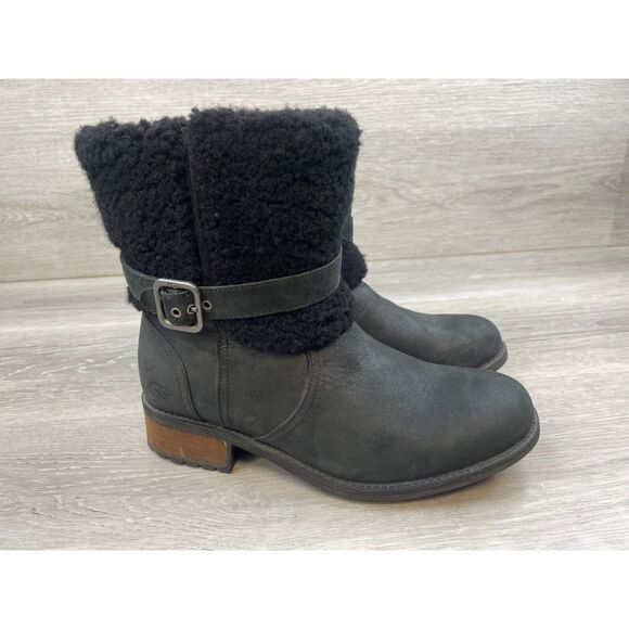 UGG Blayre II Women's Bootie Shearling Ankle Heeled Boot 8 Leather Black Shoes - Picture 1 of 11